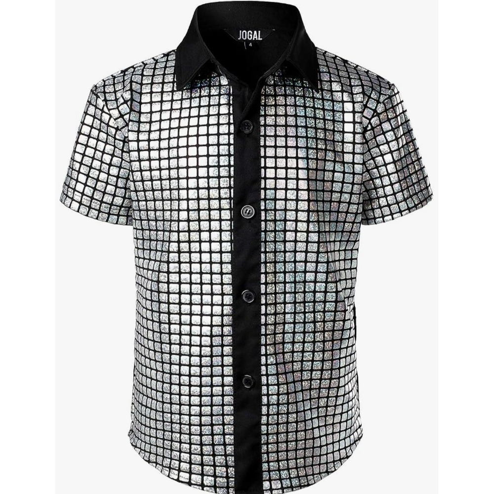 Sequin 70s Disco Party Button Down Shirt Kids 8 Silver Holographic Costume New